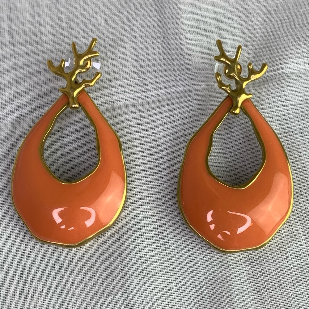 Gold and Orange Enamel Teardrop Hoop Earrings - Women's Fashion Jewelry